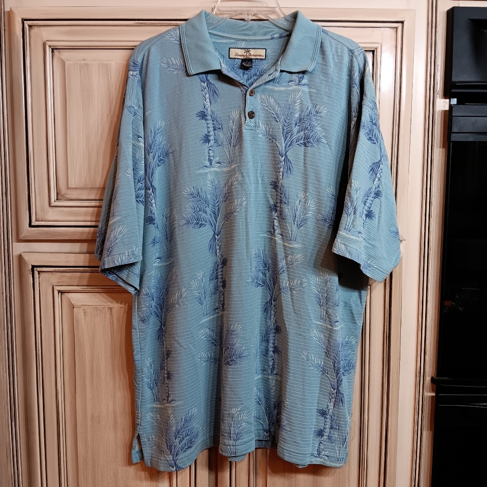 Tommy‎ Bahama Blue Tropical Print Polo Shirt - 70% Silk -  Large